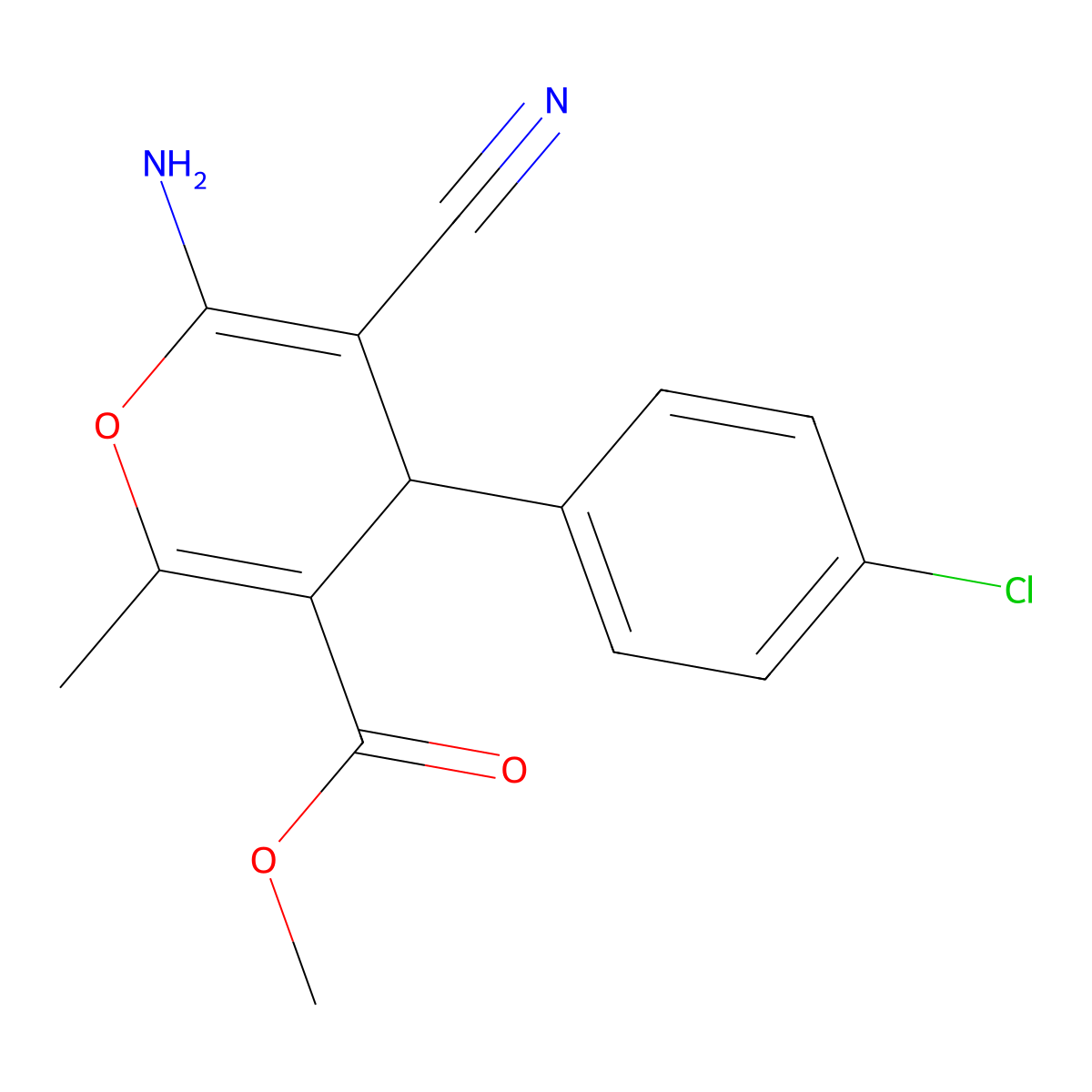 Methyl 6-amino-4-(4-chlorophenyl)-5-cyano-2-methyl-4H-pyran-3-carboxylate molecular structure, CAS 176106-10-8