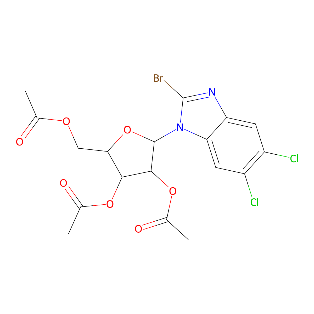 2-bromo-5,6-dichloro-1-(2,3,5-tri-O-acetyl-beta-L-ribofuranosyl)-1H-benzimidazole molecular structure, CAS 176161-18-5