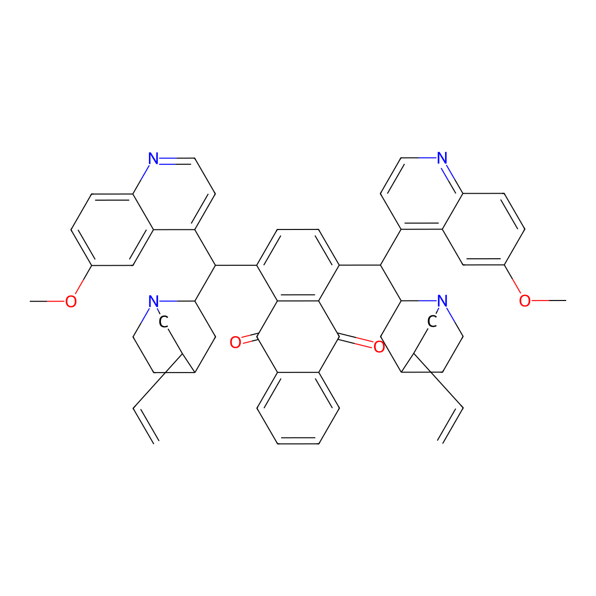 1,4-Bis((1S)-(6-methoxyquinolin-4-yl)(5-vinylquinuclidin-2-yl)methyl)anthracene-9,10-dione molecular structure, CAS 176298-44-5
