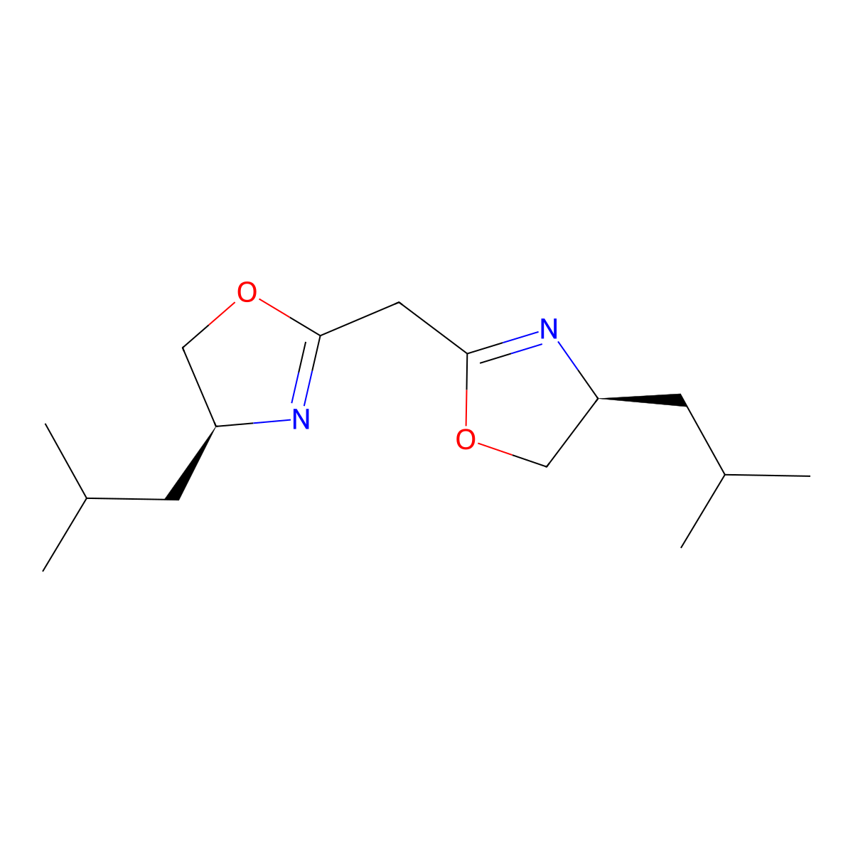 Bis((S)-4-isobutyl-4,5-dihydrooxazol-2-yl)methane molecular structure, CAS 176650-25-2