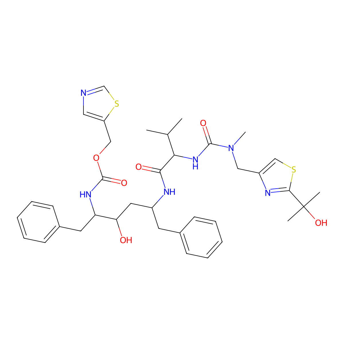 5-Thiazolylmethyl (3S,4S,6S,9S)-4-hydroxy-13-(2-(1-hydroxy-1-methylethyl)-4-thiazolyl)-12-methyl-9-(1-methylethyl)-8,11-dioxo-3,6-bis(phenylmethyl)-2,7,10,12-tetraazatridecanoate molecular structure, CAS 176655-56-4