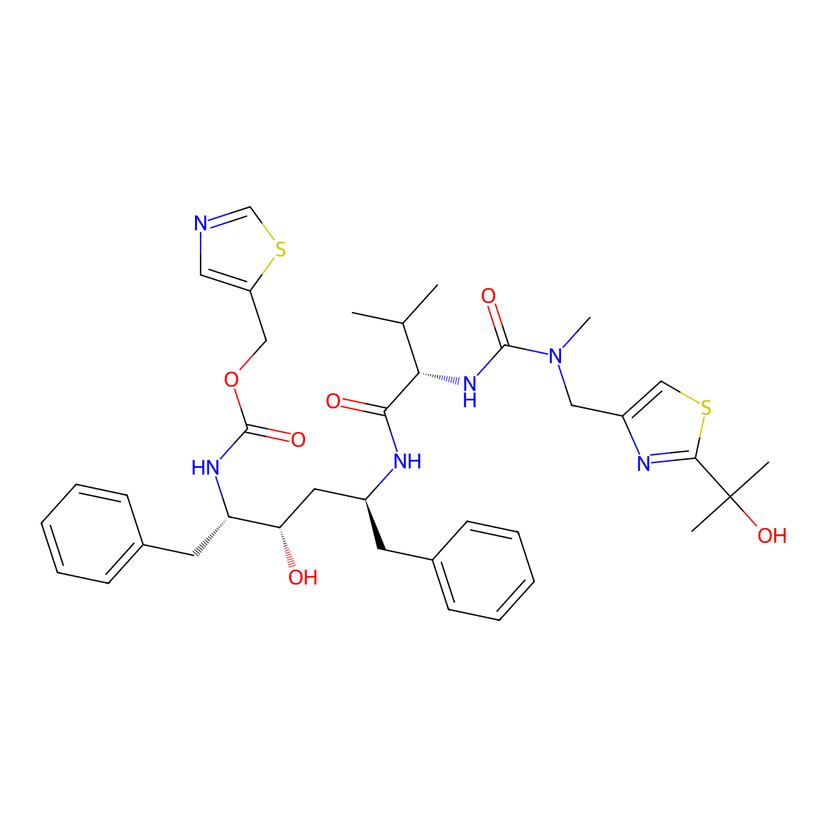 5-Thiazolylmethyl (3S,4S,6S,9S)-4-hydroxy-13-(2-(1-hydroxy-1-methylethyl)-4-thiazolyl)-12-methyl-9-(1-methylethyl)-8,11-dioxo-3,6-bis(phenylmethyl)-2,7,10,12-tetraazatridecanoate molecular structure, CAS 176655-56-4
