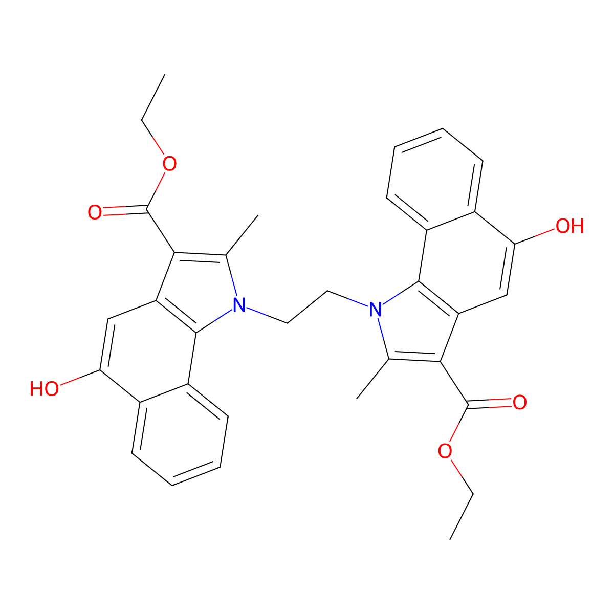 Ethyl 1-(2-(3-(ethoxycarbonyl)-5-hydroxy-2-methyl-1H-benzo[g]indol-1-yl)ethyl)-5-hydroxy-2-methyl-1H-benzo[g]indole-3-carboxylate molecular structure, CAS 176693-97-3