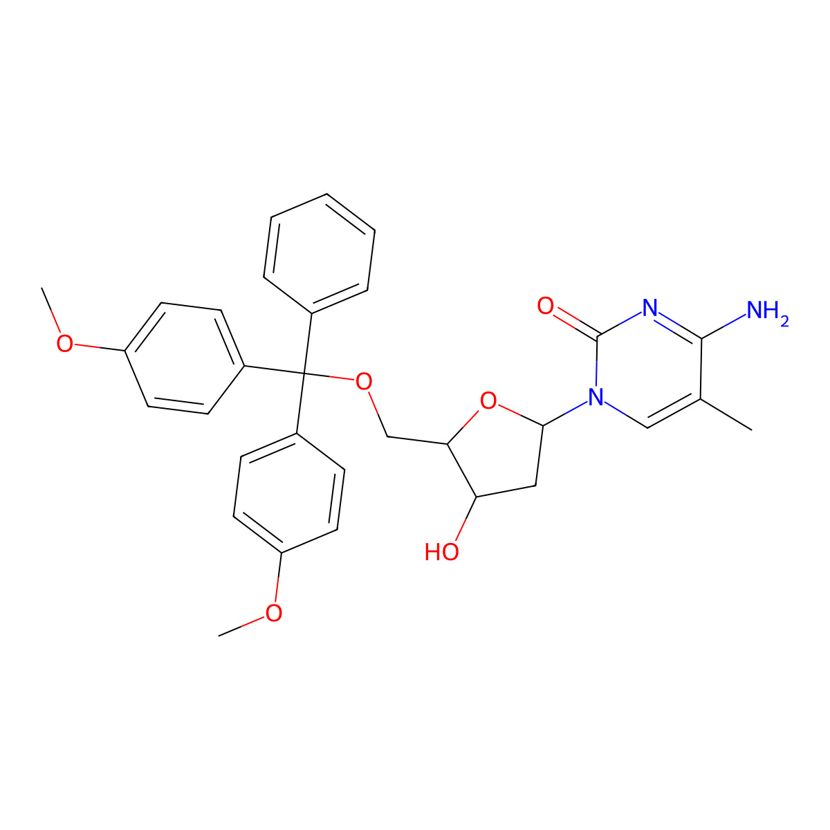 1-((2R,4S,5R)-5-((bis(4-methoxyphenyl)(phenyl)methoxy)methyl)-4-hydroxytetrahydrofuran-2-yl)-4-imino-5-methyl-1,4-dihydropyrimidin-2-ol molecular structure, CAS 176755-83-2