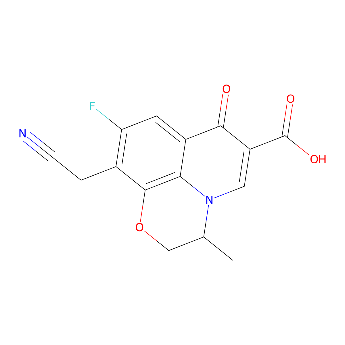 (S)-10-(Cyanomethyl)-9-fluoro-3-methyl-7-oxo-3,7-dihydro-2H-[1,4]oxazino[2,3,4-ij]quinoline-6-carboxylic acid molecular structure, CAS 176760-98-8