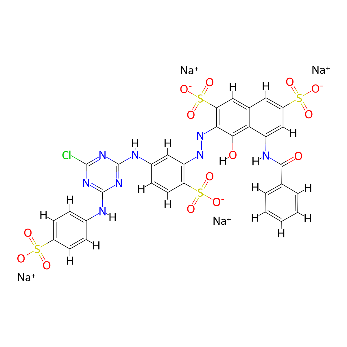 2,7-naphthalenedisulfonic acid, 5-(benzoylamino)-3-((5-((4-chloro-6-((4-sulfophenyl)amino)-1,3,5-triazin-2-yl)amino)-2-sulfophenyl)azo)-4-hydroxy-, tetrasodium salt molecular structure, CAS 17681-50-4