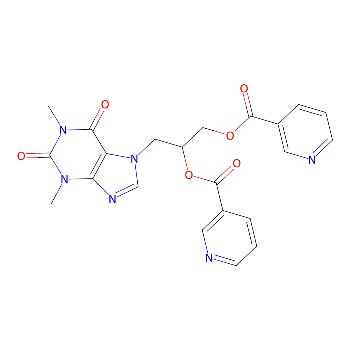 1,1'-(1-((1,2,3,6-Tetrahydro-1,3-dimethyl-2,6-dioxo-7H-purin-7-yl)methyl)-1,2-ethanediyl) di-3-pyridinecarboxylate molecular structure, CAS 17692-30-7