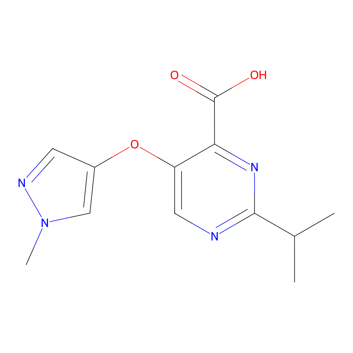5-[(1-methyl-1H-pyrazol-4-yl)oxy]-2-(propan-2-yl)pyrimidine-4-carboxylic acid molecular structure, CAS 1770954-26-1