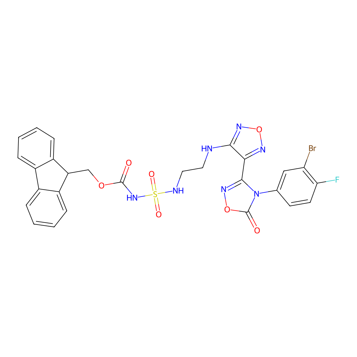 (9H-fluoren-9-yl)methyl N-(2-((4-(4-(3-bromo-4-fluorophenyl)-5-oxo-4,5-dihydro-1,2,4-oxadiazol-3-yl)-1,2,5-oxadiazol-3-yl)amino)ethyl)sulfamoylcarbamate molecular structure, CAS 1771804-78-4
