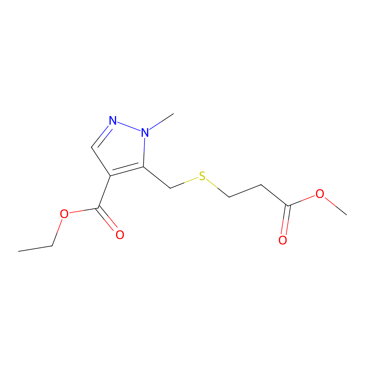 ethyl 5-{[(3-methoxy-3-oxopropyl)sulfanyl]methyl}-1-methyl-1H-pyrazole-4-carboxylate molecular structure, CAS 1772473-85-4