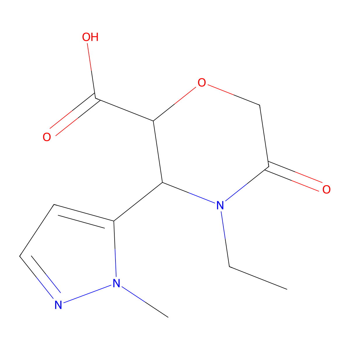 4-ethyl-3-(1-methyl-1H-pyrazol-5-yl)-5-oxomorpholine-2-carboxylic acid molecular structure, CAS 1773191-84-6