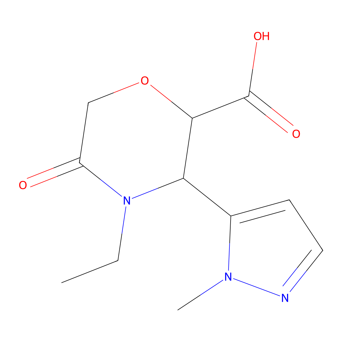 4-ethyl-3-(1-methyl-1H-pyrazol-5-yl)-5-oxomorpholine-2-carboxylic acid molecular structure, CAS 1773191-84-6