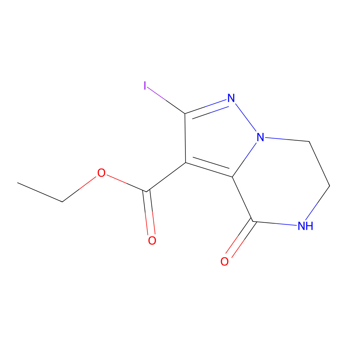Ethyl 2-iodo-4-oxo-4,5,6,7-tetrahydropyrazolo[1,5-a]pyrazine-3-carboxylate molecular structure, CAS 1773507-49-5