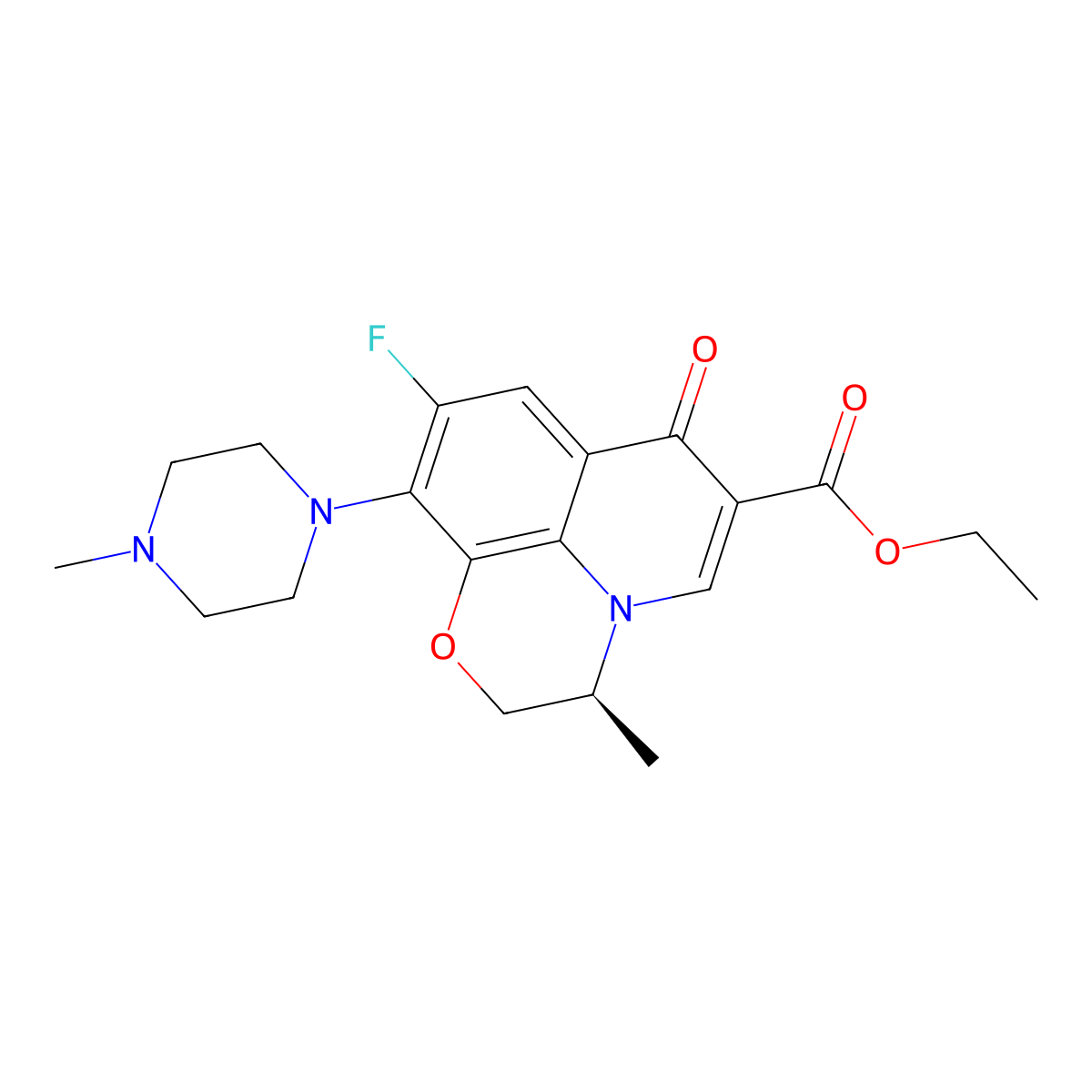 Ethyl (3S)-9-fluoro-2,3-dihydro-3-methyl-10-(4-methyl-1-piperazinyl)-7-oxo-7H-pyrido(1,2,3-de)-1,4-benzoxazine-6-carboxylate molecular structure, CAS 177472-30-9