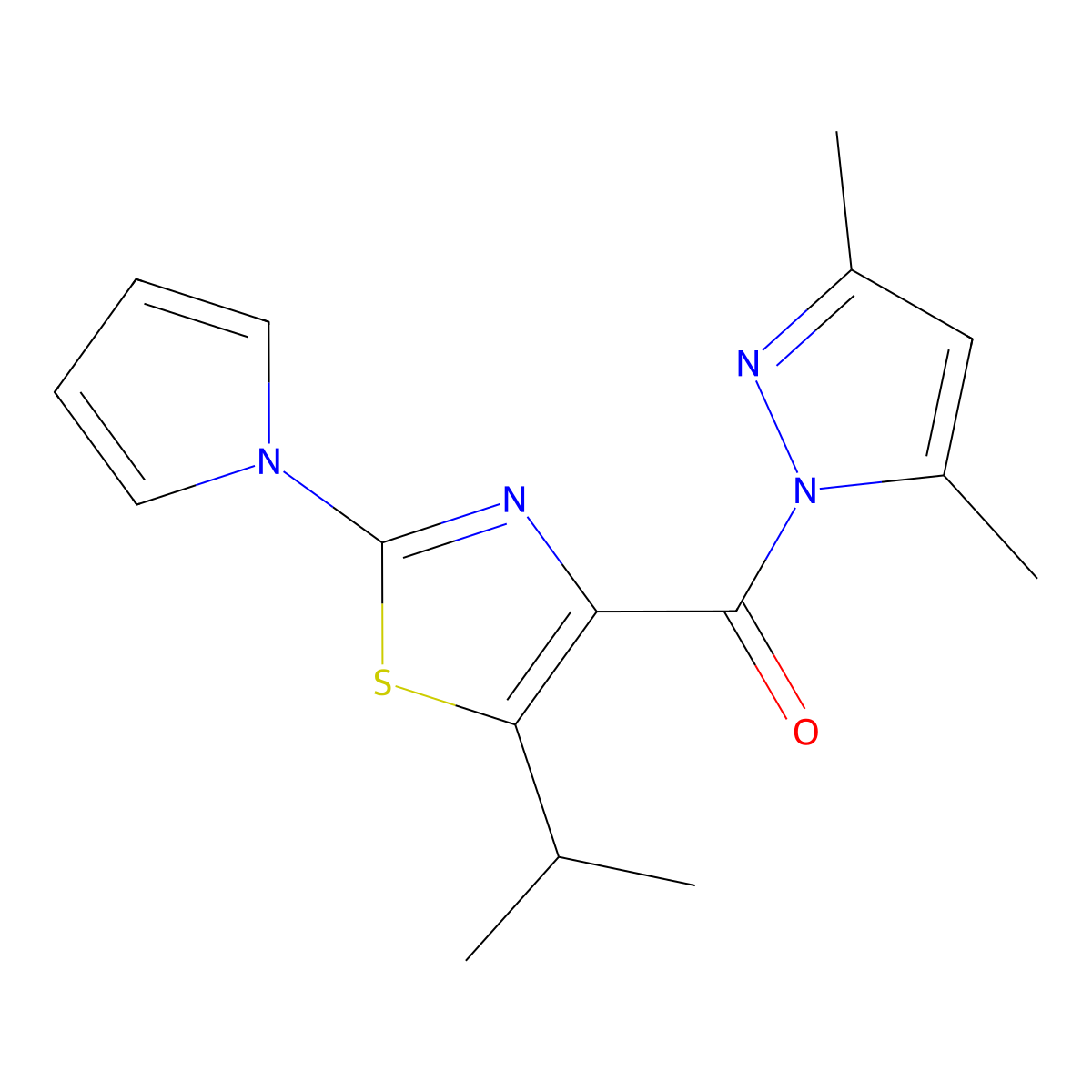 4-[(3,5-dimethyl-1H-pyrazol-1-yl)carbonyl]-5-isopropyl-2-(1H-pyrrol-1-yl)-1,3-thiazole molecular structure, CAS 1774901-16-4