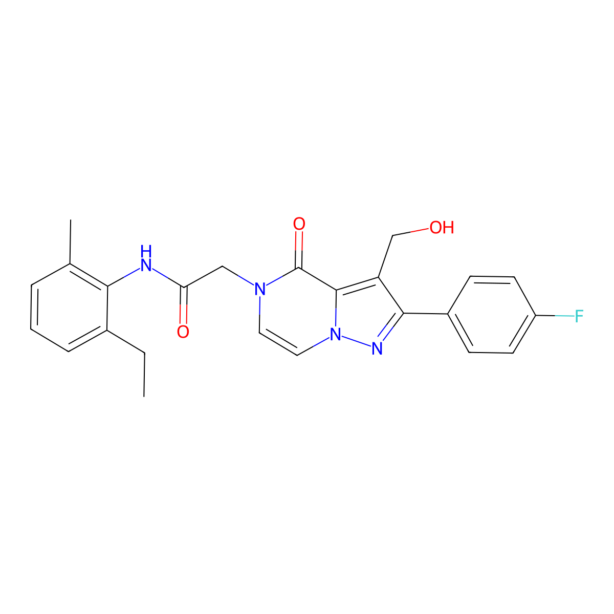 N-(2-Ethyl-6-methylphenyl)-2-[2-(4-fluorophenyl)-3-(hydroxymethyl)-4-oxo-4H,5H-pyrazolo[1,5-A]pyrazin-5-YL]acetamide molecular structure, CAS 1775300-40-7