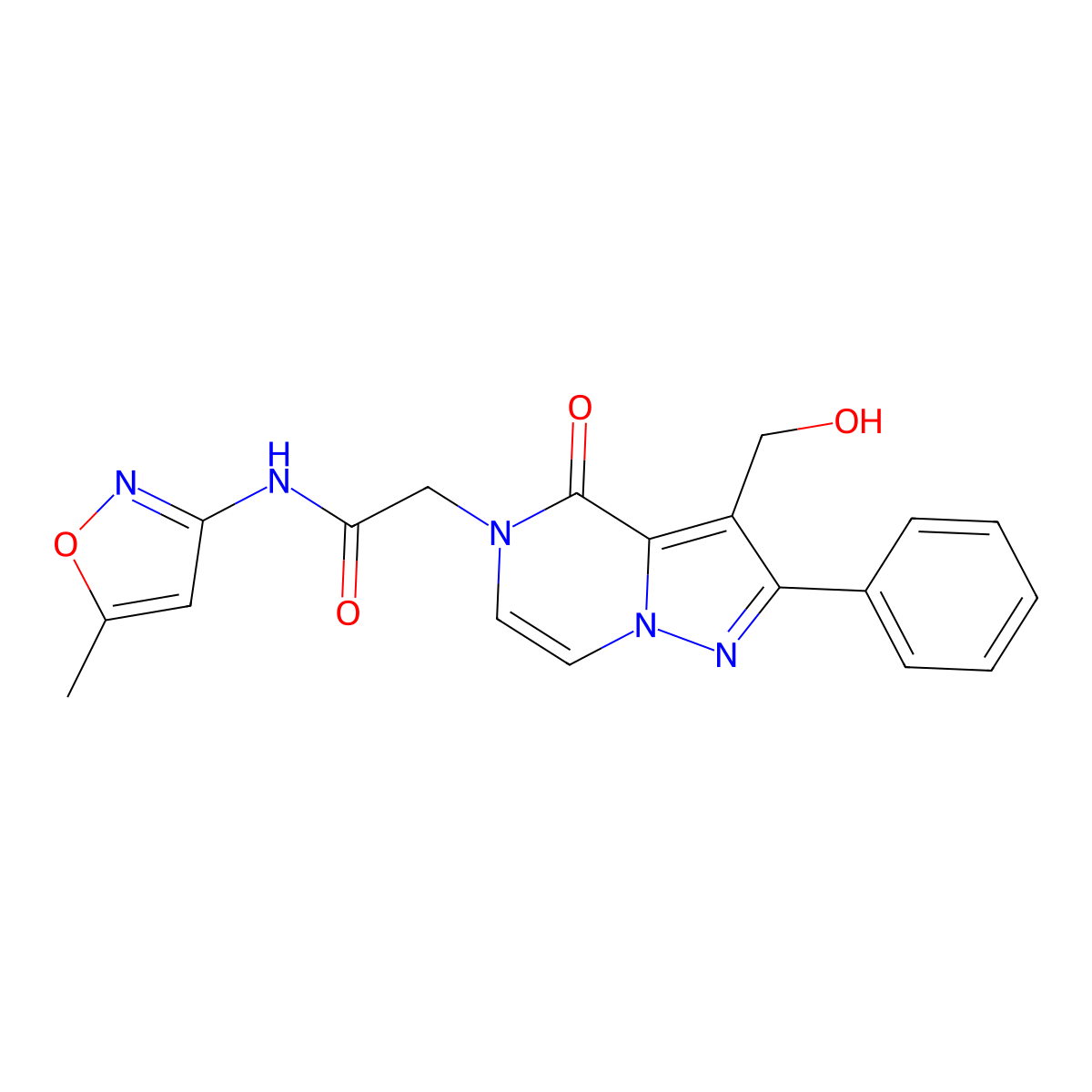 2-[3-(Hydroxymethyl)-4-oxo-2-phenyl-4H,5H-pyrazolo[1,5-A]pyrazin-5-YL]-N-(5-methyl-1,2-oxazol-3-YL)acetamide molecular structure, CAS 1775300-58-7