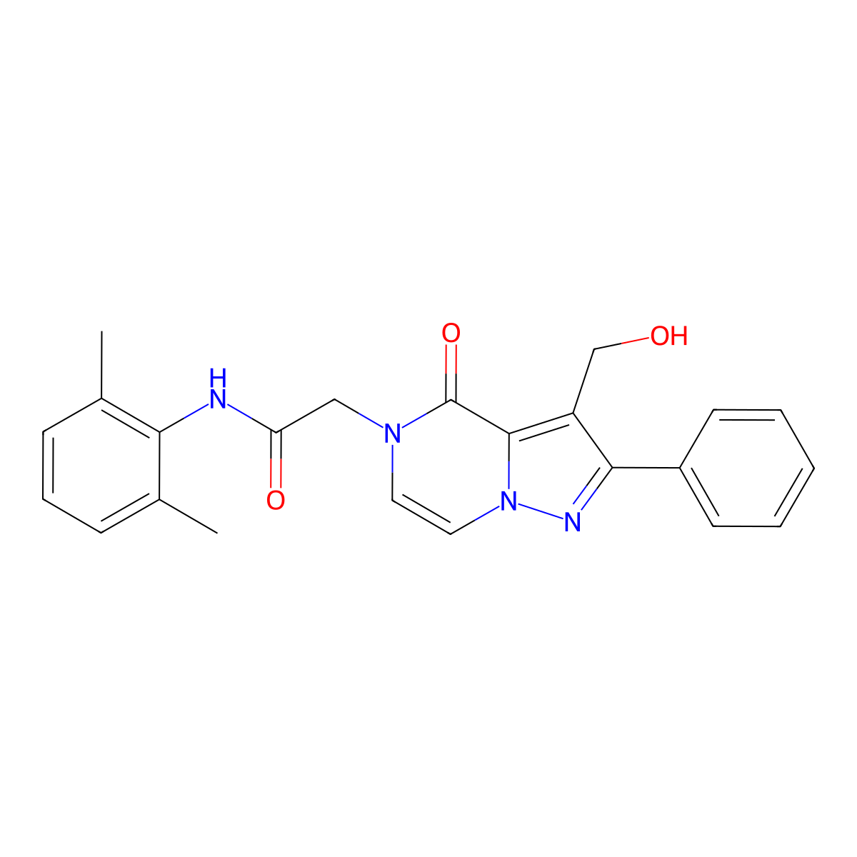 N-(2,6-Dimethylphenyl)-2-[3-(hydroxymethyl)-4-oxo-2-phenyl-4H,5H-pyrazolo[1,5-A]pyrazin-5-YL]acetamide molecular structure, CAS 1775300-69-0