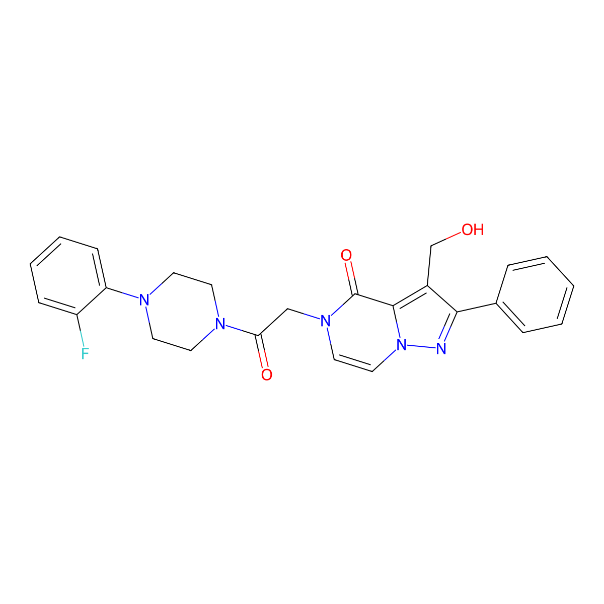 5-{2-[4-(2-Fluorophenyl)piperazin-1-YL]-2-oxoethyl}-3-(hydroxymethyl)-2-phenyl-4H,5H-pyrazolo[1,5-A]pyrazin-4-one molecular structure, CAS 1775300-92-9