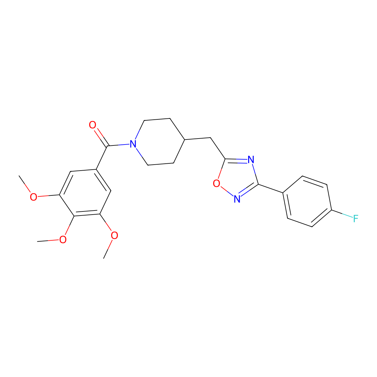 4-{[3-(4-Fluorophenyl)-1,2,4-oxadiazol-5-yl]methyl}-1-(3,4,5-trimethoxybenzoyl)piperidine molecular structure, CAS 1775302-55-0