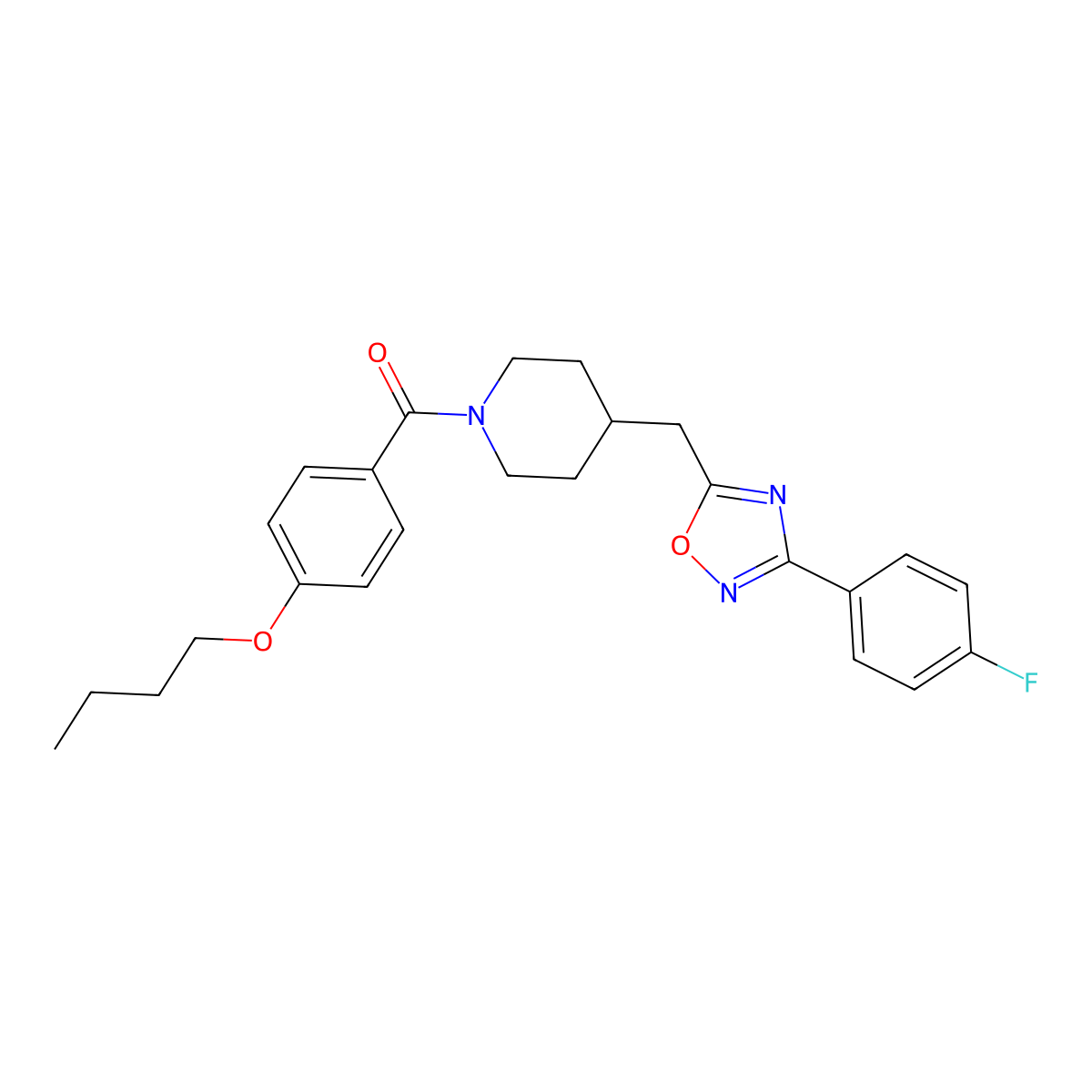 1-(4-Butoxybenzoyl)-4-{[3-(4-fluorophenyl)-1,2,4-oxadiazol-5-yl]methyl}piperidine molecular structure, CAS 1775302-57-2