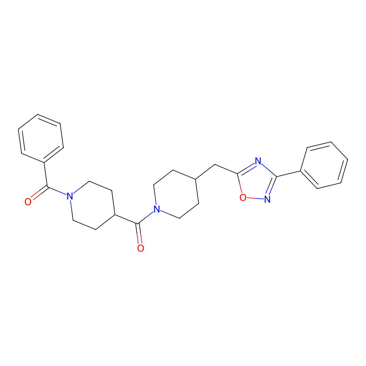 1-Benzoyl-4-({4-[(3-phenyl-1,2,4-oxadiazol-5-yl)methyl]piperidin-1-yl}carbonyl)piperidine molecular structure, CAS 1775303-11-1