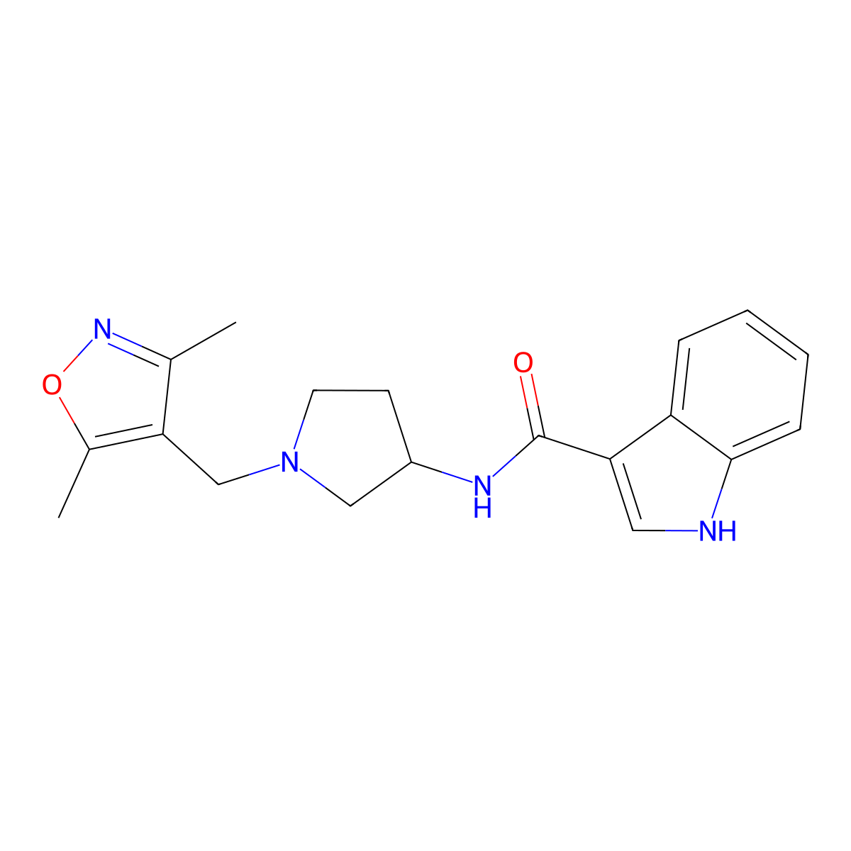 N-{1-[(3,5-dimethylisoxazol-4-yl)methyl]pyrrolidin-3-yl}-1H-indole-3-carboxamide molecular structure, CAS 1775303-54-2