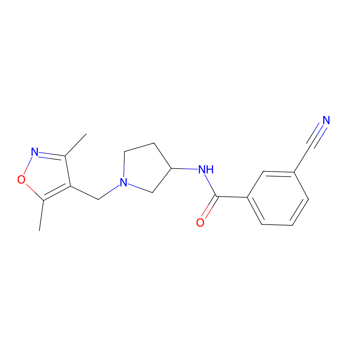 3-cyano-N-{1-[(3,5-dimethylisoxazol-4-yl)methyl]pyrrolidin-3-yl}benzamide molecular structure, CAS 1775303-60-0