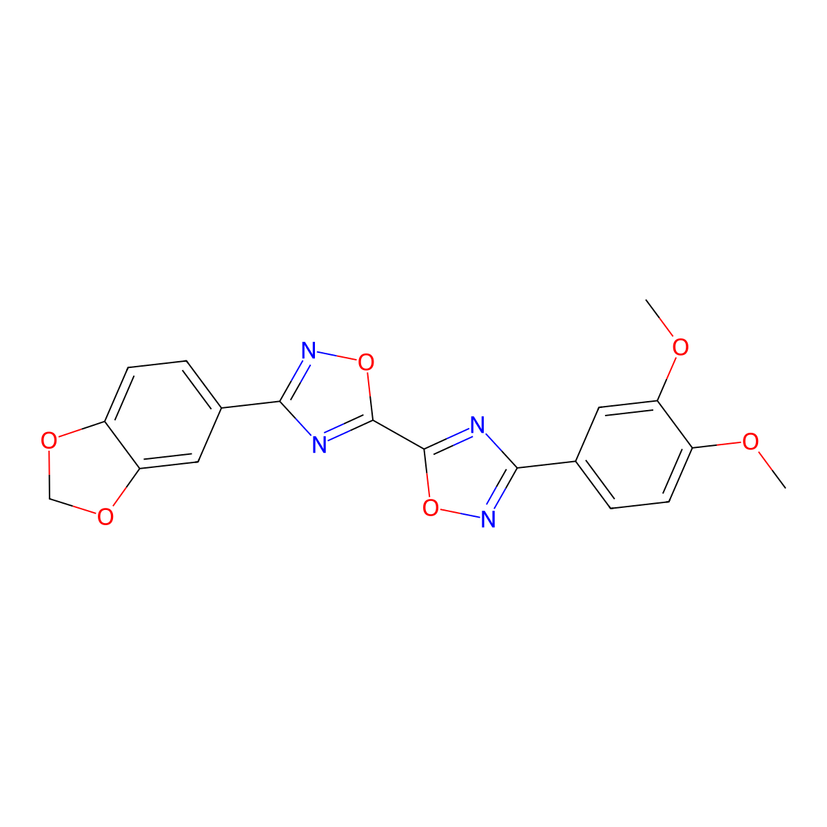3-(1,3-Benzodioxol-5-yl)-3'-(3,4-dimethoxyphenyl)-5,5'-bi-1,2,4-oxadiazole molecular structure, CAS 1775304-32-9