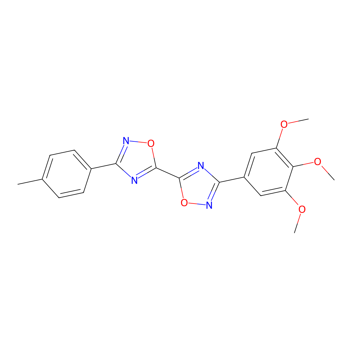 3-(4-Methylphenyl)-3'-(3,4,5-trimethoxyphenyl)-5,5'-bi-1,2,4-oxadiazole molecular structure, CAS 1775305-00-4
