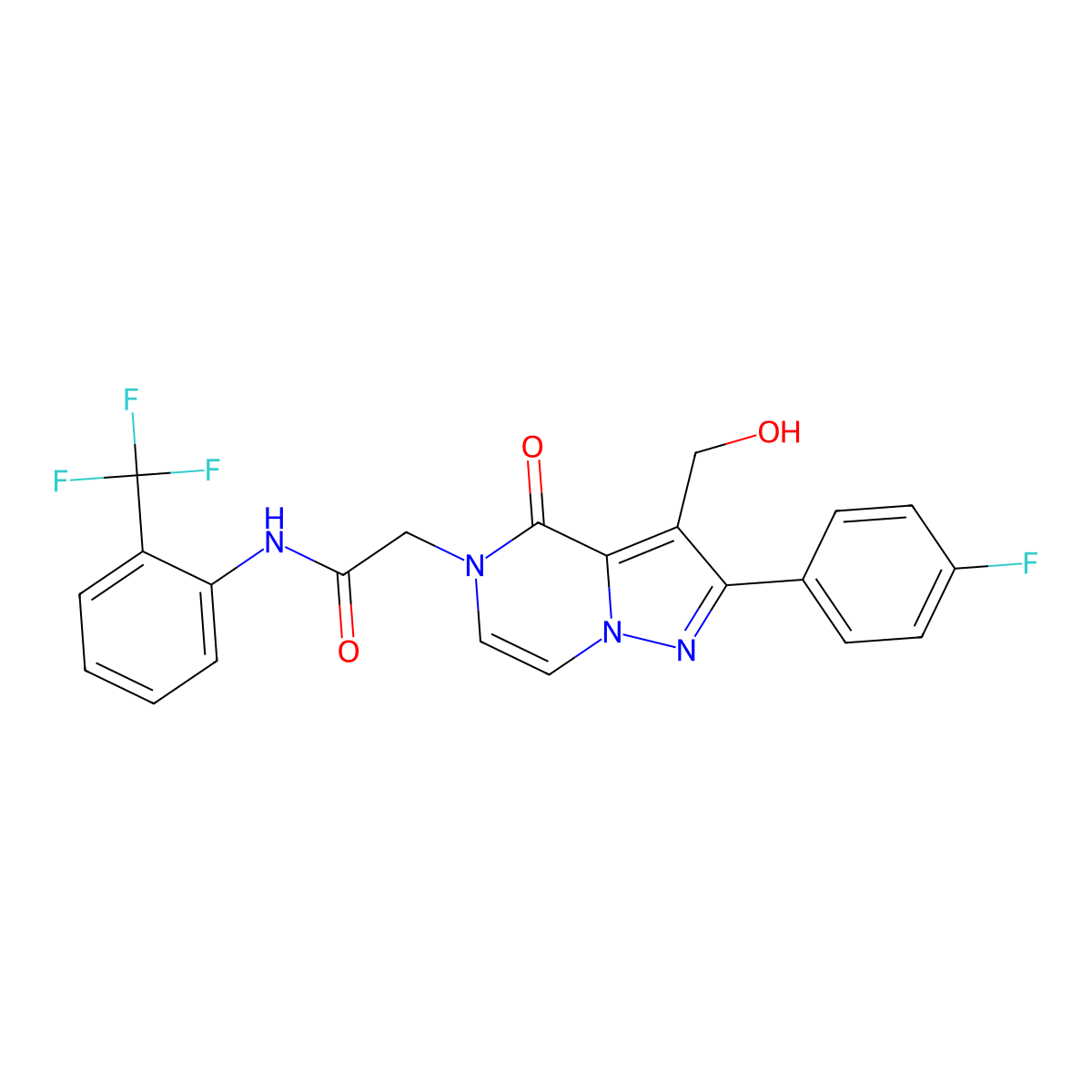 2-[2-(4-Fluorophenyl)-3-(hydroxymethyl)-4-oxo-4H,5H-pyrazolo[1,5-A]pyrazin-5-YL]-N-[2-(trifluoromethyl)phenyl]acetamide molecular structure, CAS 1775306-16-5