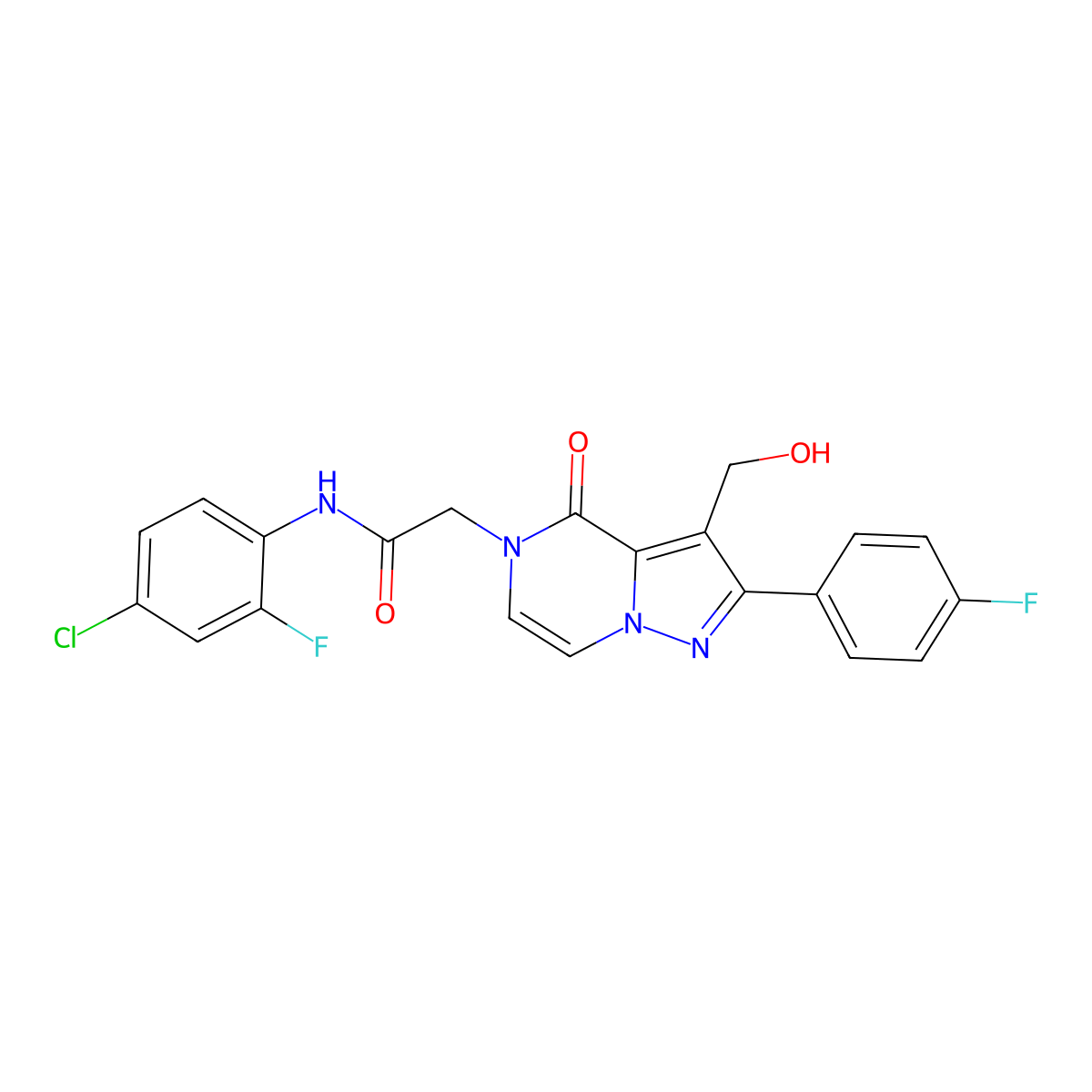 N-(4-Chloro-2-fluorophenyl)-2-[2-(4-fluorophenyl)-3-(hydroxymethyl)-4-oxo-4H,5H-pyrazolo[1,5-A]pyrazin-5-YL]acetamide molecular structure, CAS 1775306-27-8