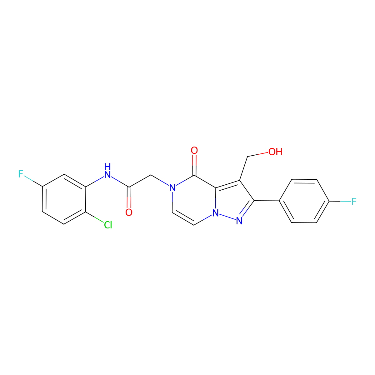 N-(2-Chloro-5-fluorophenyl)-2-[2-(4-fluorophenyl)-3-(hydroxymethyl)-4-oxo-4H,5H-pyrazolo[1,5-A]pyrazin-5-YL]acetamide molecular structure, CAS 1775306-30-3