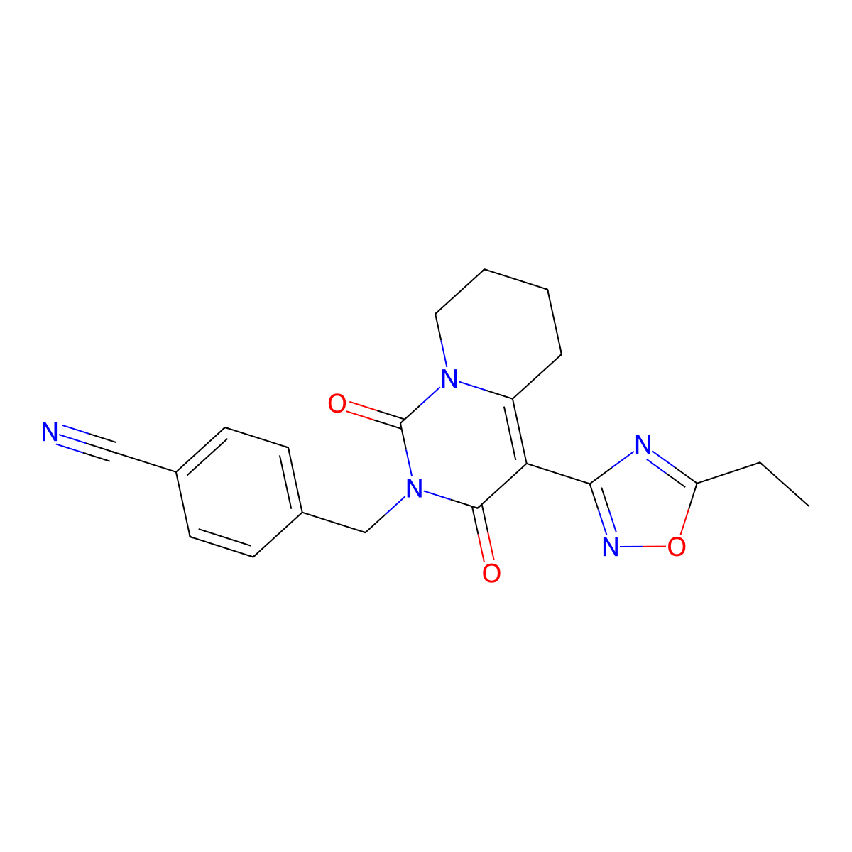 4-{[4-(5-ethyl-1,2,4-oxadiazol-3-yl)-1,3-dioxo-5,6,7,8-tetrahydro-1H-pyrido[1,2-c]pyrimidin-2(3H)-yl]methyl}benzonitrile molecular structure, CAS 1775308-25-2