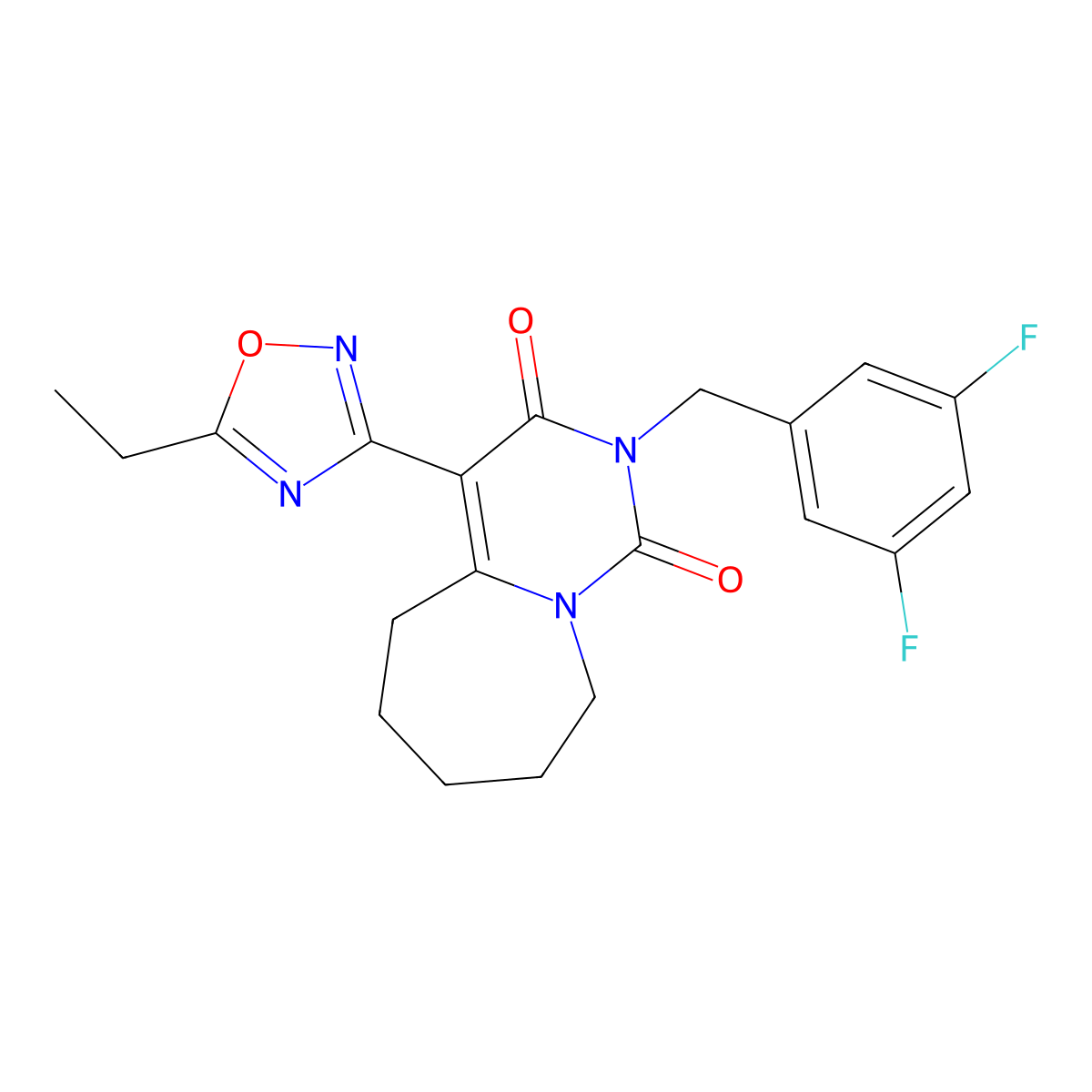 2-(3,5-difluorobenzyl)-4-(5-ethyl-1,2,4-oxadiazol-3-yl)-6,7,8,9-tetrahydropyrimido[1,6-a]azepine-1,3(2H,5H)-dione molecular structure, CAS 1775310-43-4