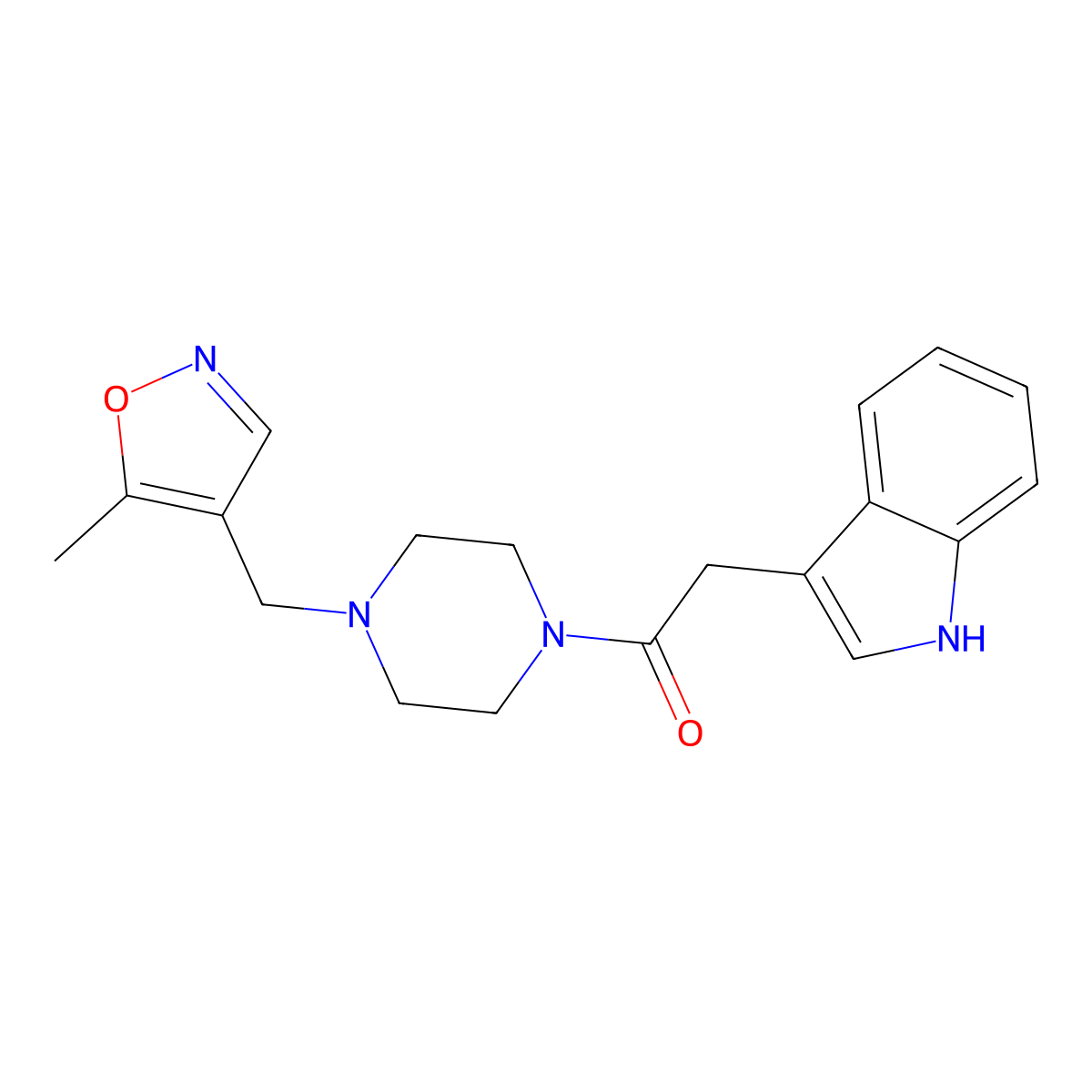 3-(2-{4-[(5-methylisoxazol-4-yl)methyl]piperazin-1-yl}-2-oxoethyl)-1H-indole molecular structure, CAS 1775313-73-9