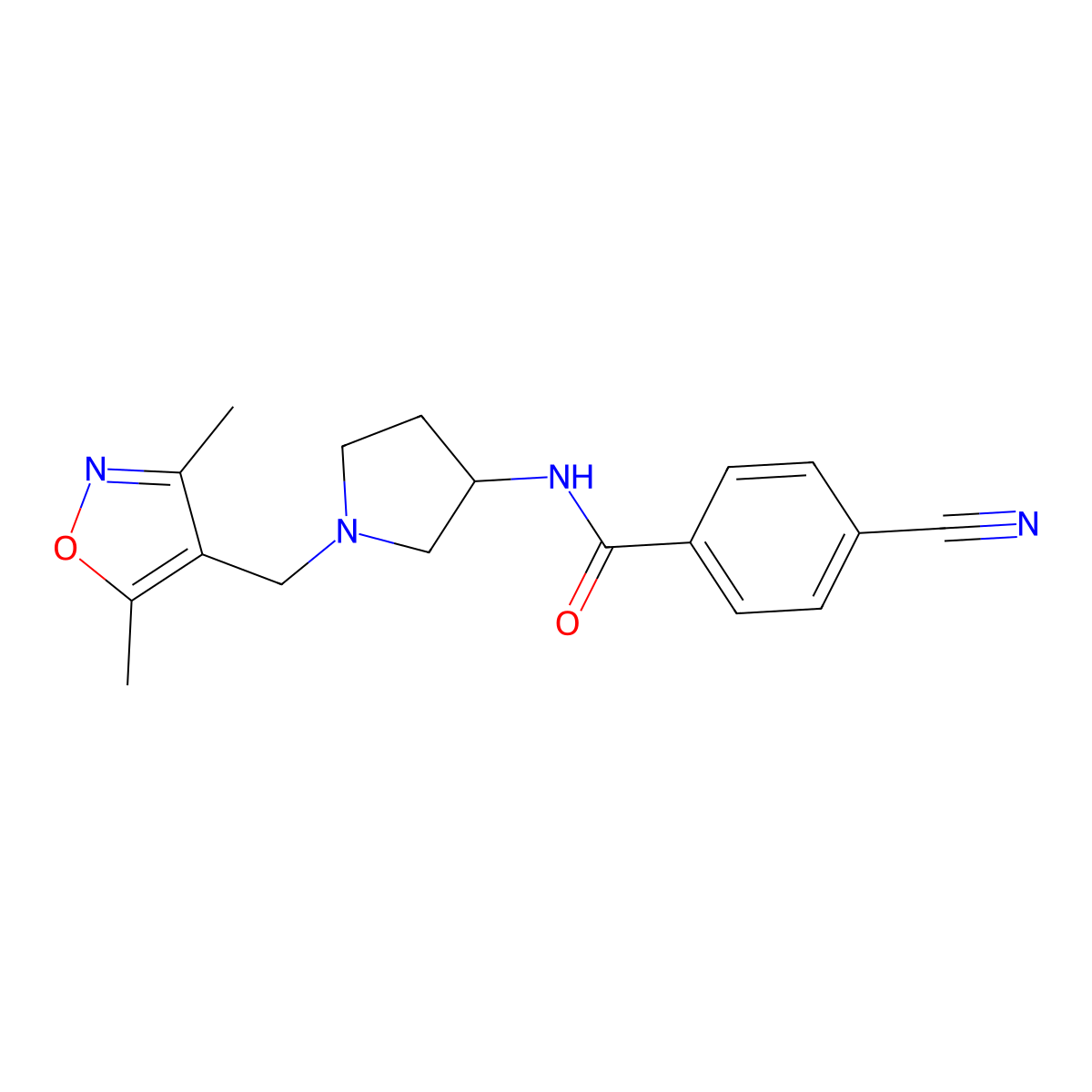 4-cyano-N-{1-[(3,5-dimethylisoxazol-4-yl)methyl]pyrrolidin-3-yl}benzamide molecular structure, CAS 1775320-95-0