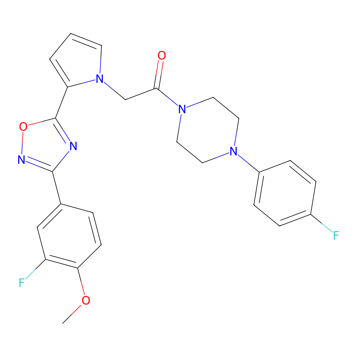 2-{2-[3-(3-Fluoro-4-methoxyphenyl)-1,2,4-oxadiazol-5-YL]-1H-pyrrol-1-YL}-1-[4-(4-fluorophenyl)piperazin-1-YL]ethan-1-one molecular structure, CAS 1775322-29-6