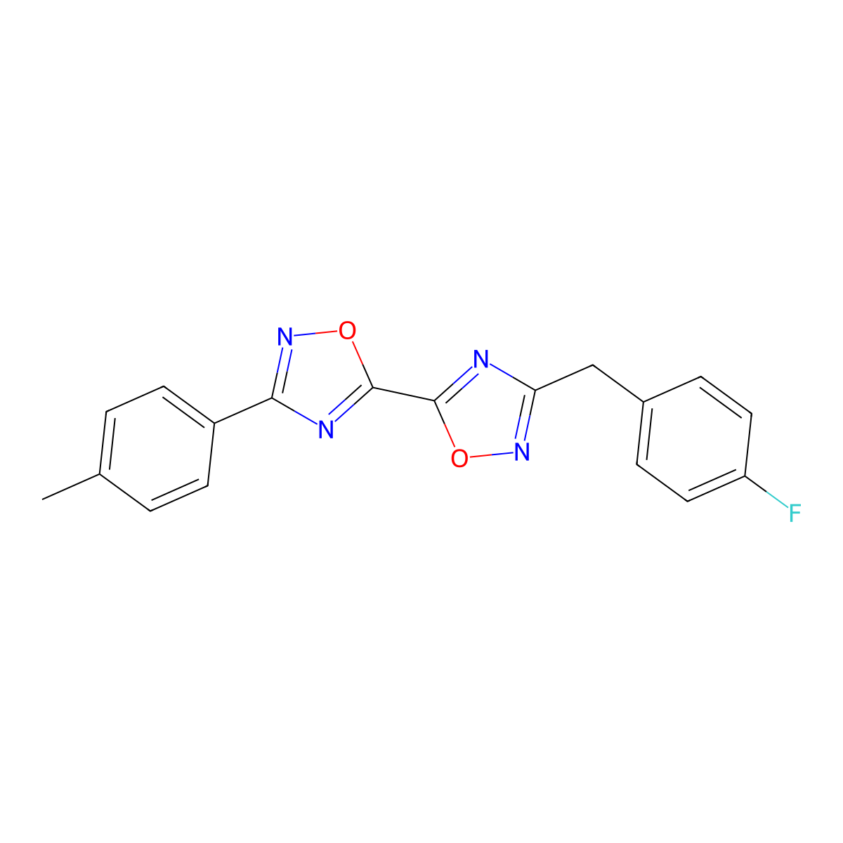3-(4-Fluorobenzyl)-3'-(4-methylphenyl)-5,5'-bi-1,2,4-oxadiazole molecular structure, CAS 1775323-71-1