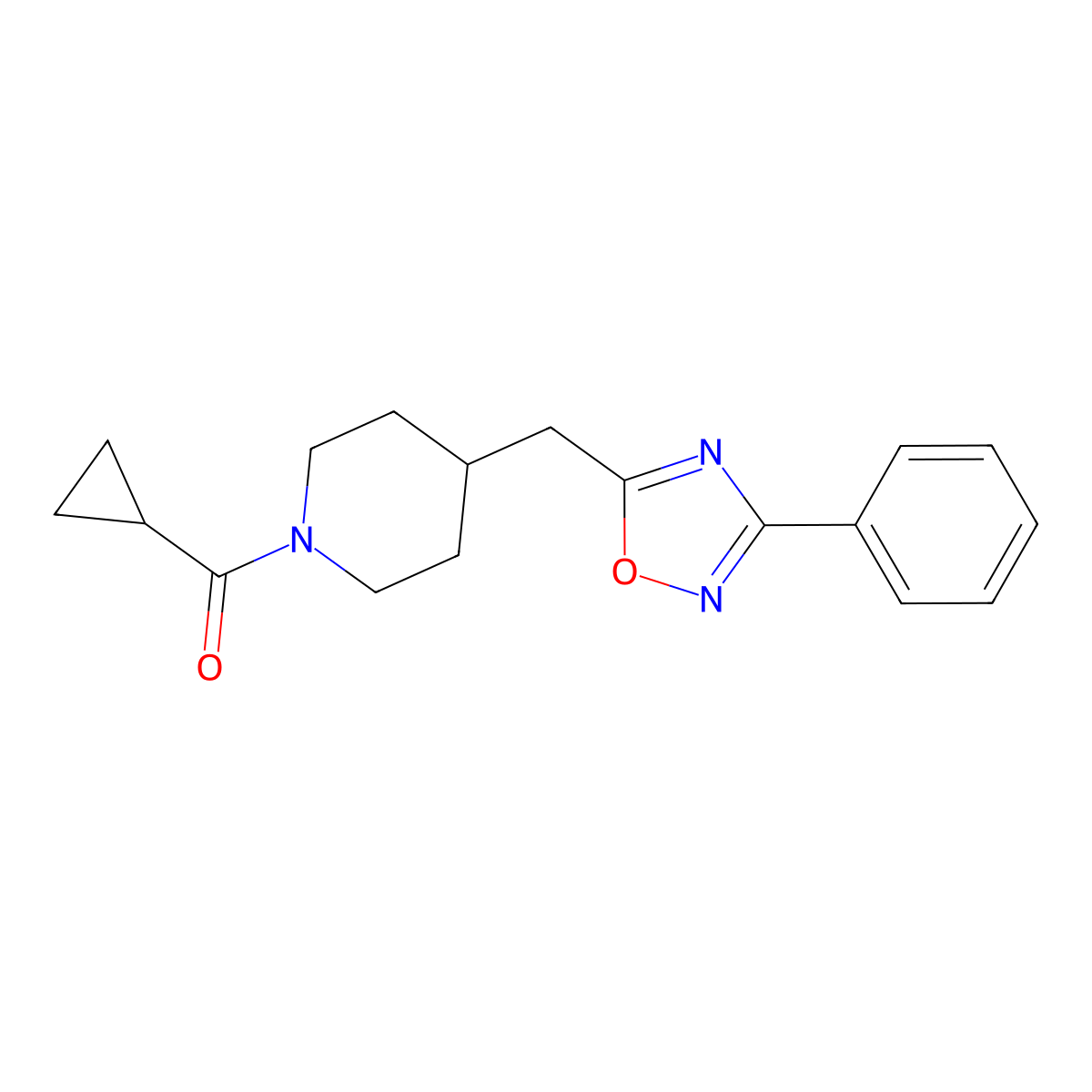 1-(Cyclopropylcarbonyl)-4-[(3-phenyl-1,2,4-oxadiazol-5-yl)methyl]piperidine molecular structure, CAS 1775325-95-5
