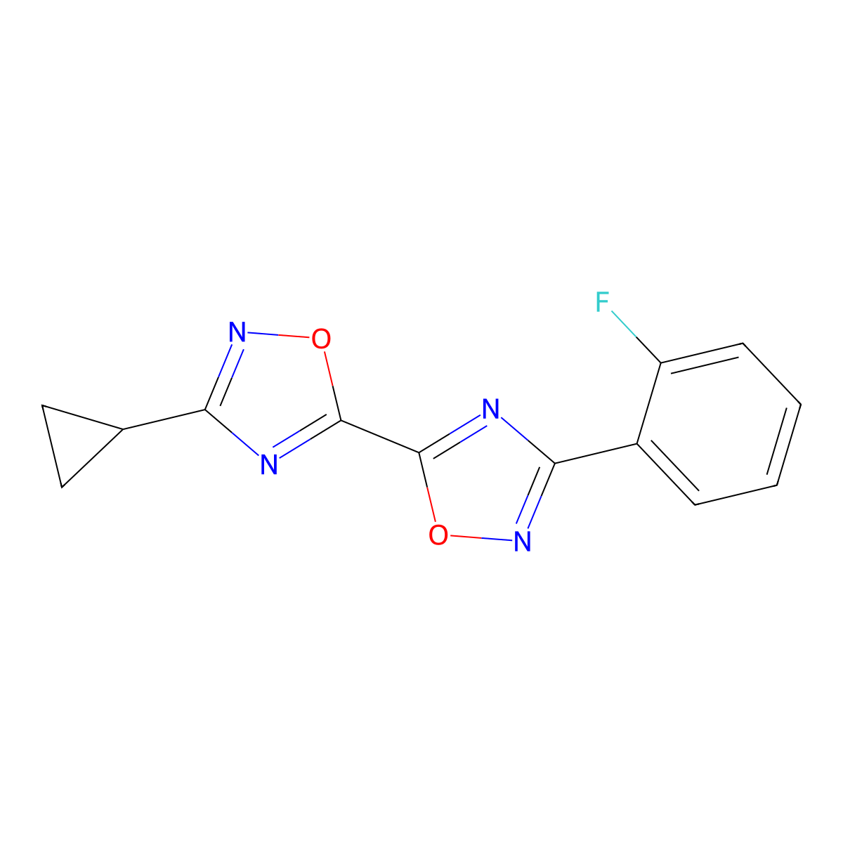 3-Cyclopropyl-3'-(2-fluorophenyl)-5,5'-bi-1,2,4-oxadiazole molecular structure, CAS 1775326-02-7