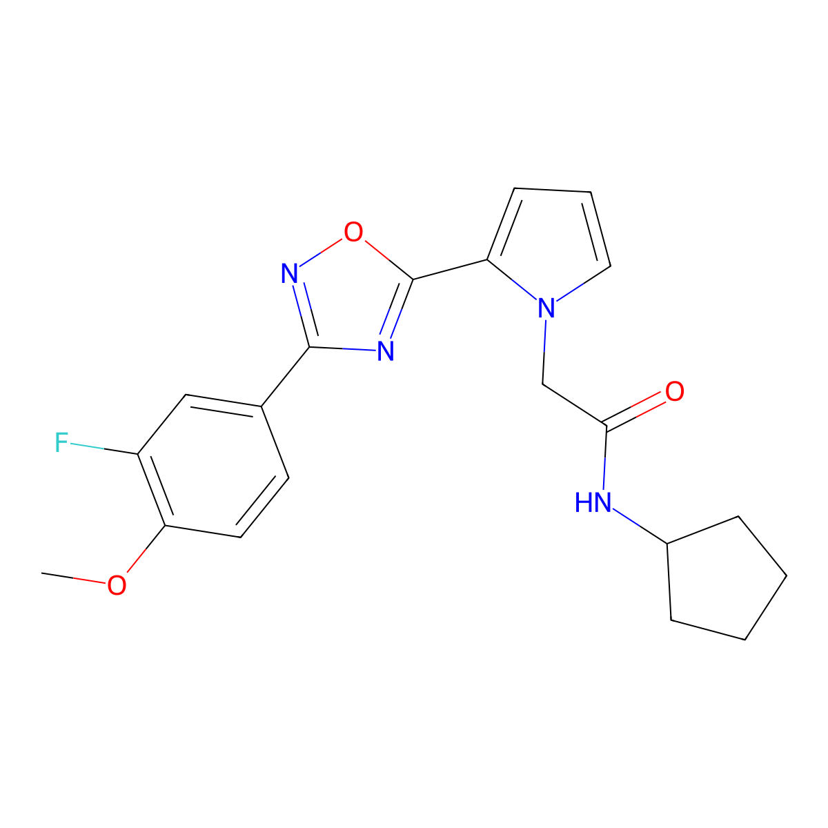 N-cyclopentyl-2-{2-[3-(3-fluoro-4-methoxyphenyl)-1,2,4-oxadiazol-5-yl]-1H-pyrrol-1-yl}acetamide molecular structure, CAS 1775328-30-7