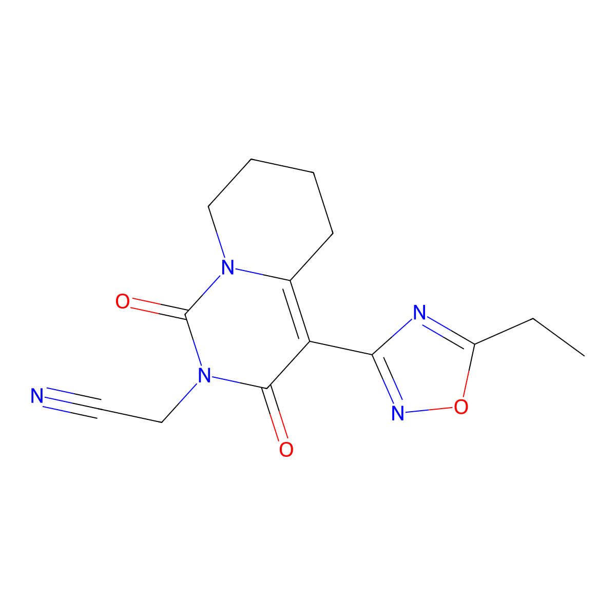 2-(4-(5-Ethyl-1,2,4-oxadiazol-3-yl)-1,3-dioxo-5,6,7,8-tetrahydro-1H-pyrido[1,2-c]pyrimidin-2(3H)-yl)acetonitrile molecular structure, CAS 1775328-72-7