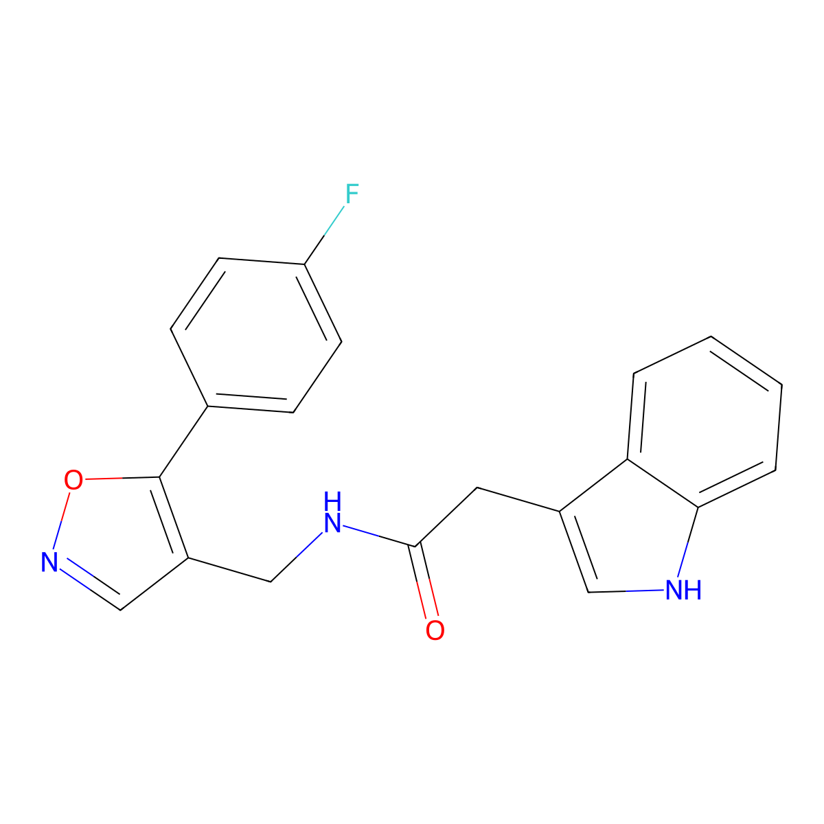 N-{[5-(4-fluorophenyl)-4-isoxazolyl]methyl}-2-(1H-indol-3-yl)acetamide molecular structure, CAS 1775329-42-4