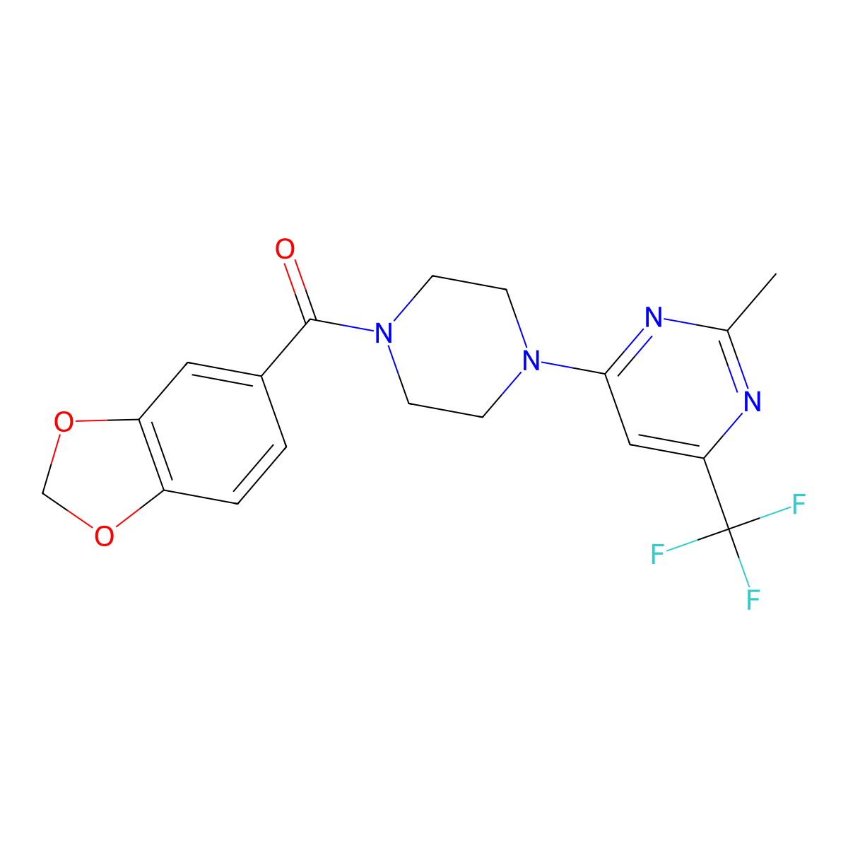 1,3-Benzodioxol-5-yl-[4-[2-methyl-6-(trifluoromethyl)pyrimidin-4-yl]piperazin-1-yl]methanone molecular structure, CAS 1775332-05-2
