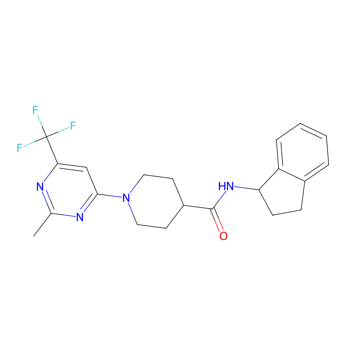 N-(2,3-dihydro-1H-inden-1-yl)-1-[2-methyl-6-(trifluoromethyl)pyrimidin-4-yl]piperidine-4-carboxamide molecular structure, CAS 1775333-02-2