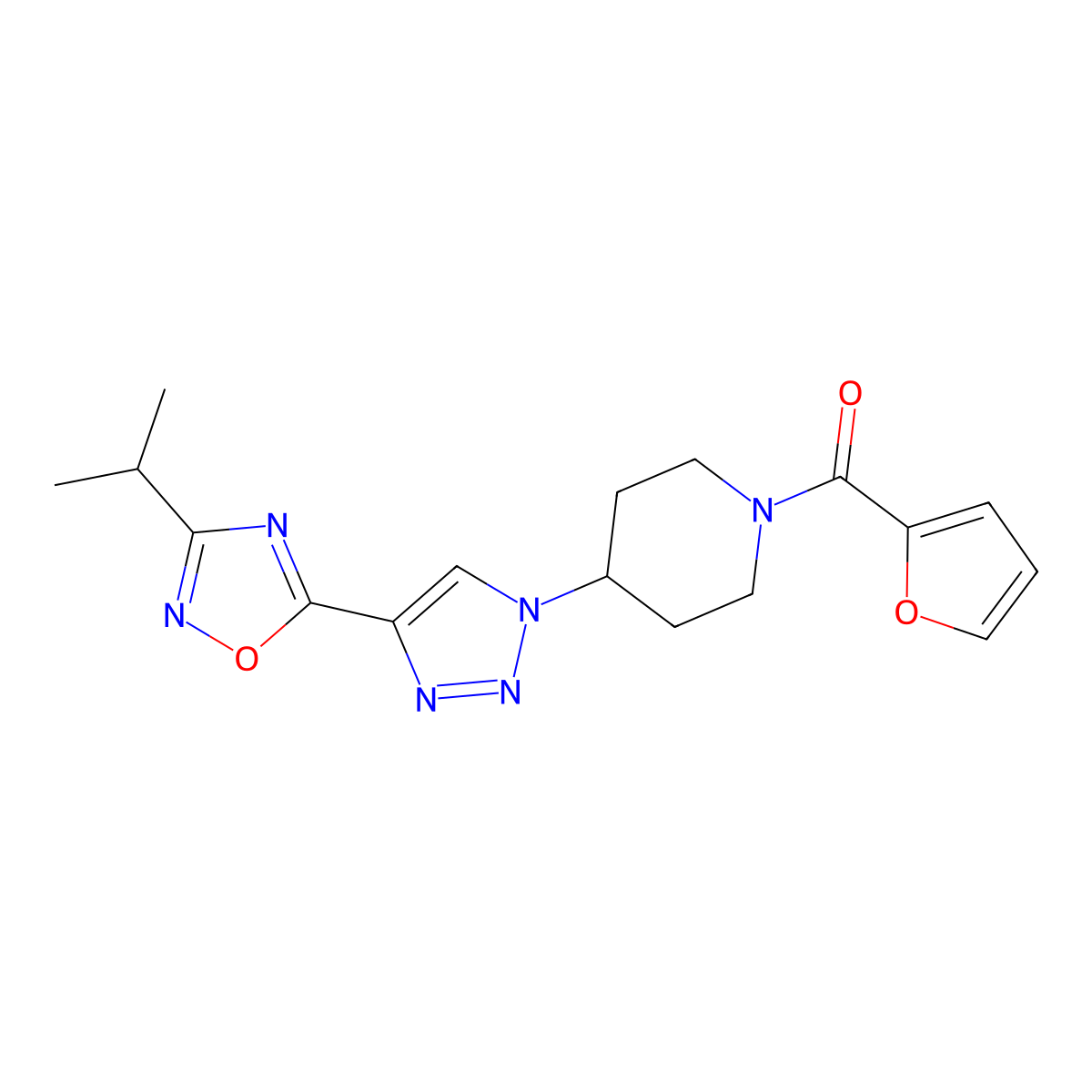 1-(Furan-2-carbonyl)-4-{4-[3-(propan-2-YL)-1,2,4-oxadiazol-5-YL]-1H-1,2,3-triazol-1-YL}piperidine molecular structure, CAS 1775334-52-5