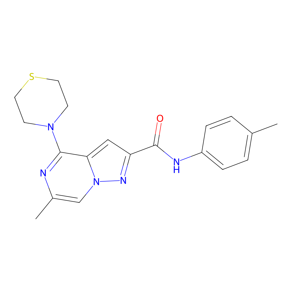 6-methyl-N-(4-methylphenyl)-4-(thiomorpholin-4-yl)pyrazolo[1,5-a]pyrazine-2-carboxamide molecular structure, CAS 1775335-66-4