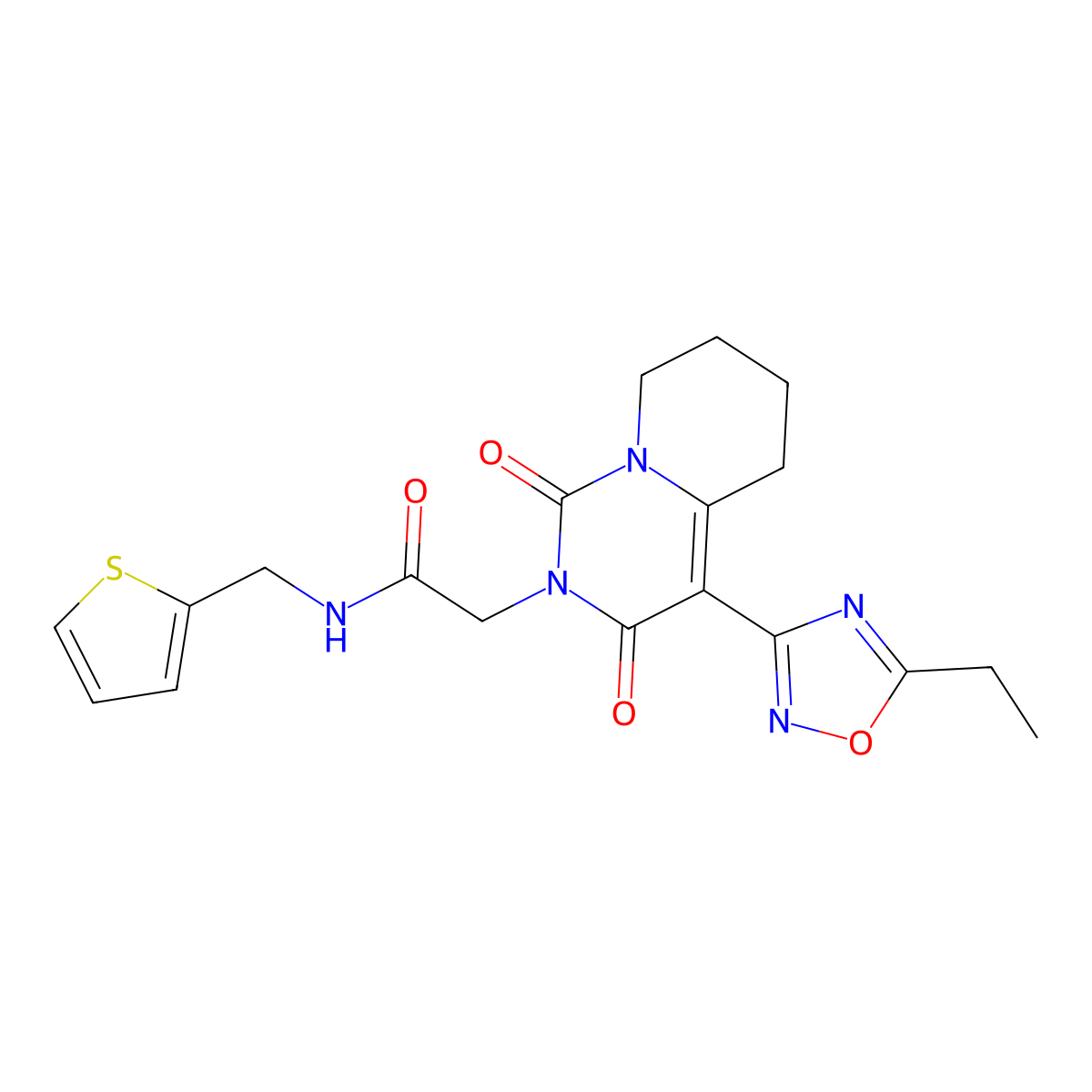2-[4-(5-ethyl-1,2,4-oxadiazol-3-yl)-1,3-dioxo-1H,2H,3H,5H,6H,7H,8H-pyrido[1,2-c]pyrimidin-2-yl]-N-[(thiophen-2-yl)methyl]acetamide molecular structure, CAS 1775336-45-2
