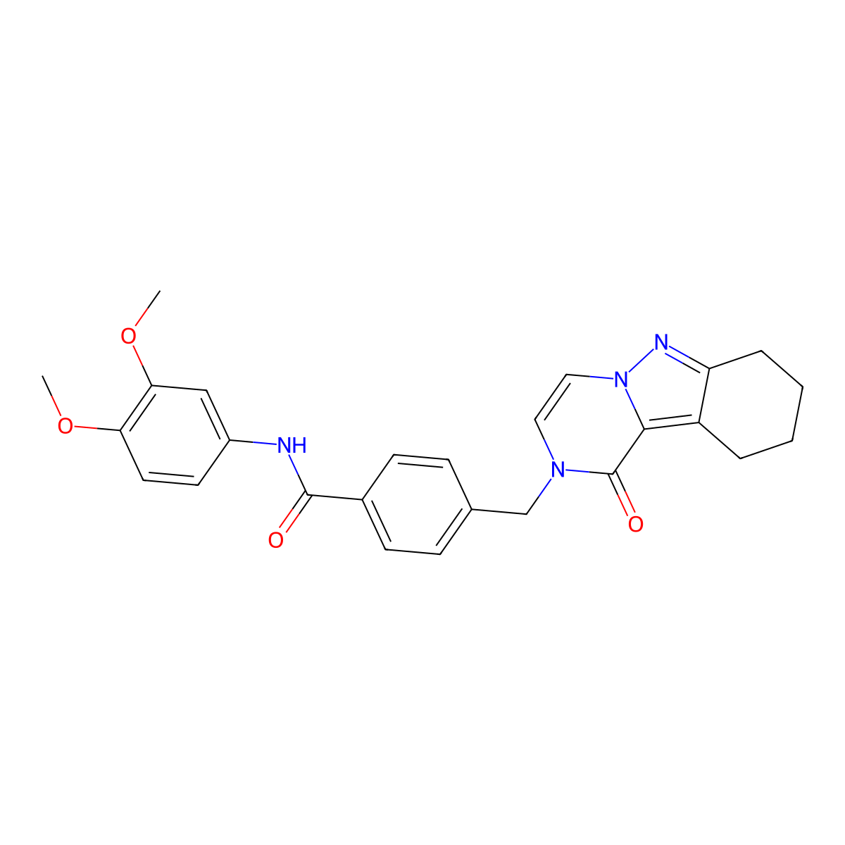 N-(3,4-Dimethoxyphenyl)-4-({1-oxo-1H,2H,7H,8H,9H,10H-pyrazino[1,2-B]indazol-2-YL}methyl)benzamide molecular structure, CAS 1775336-63-4